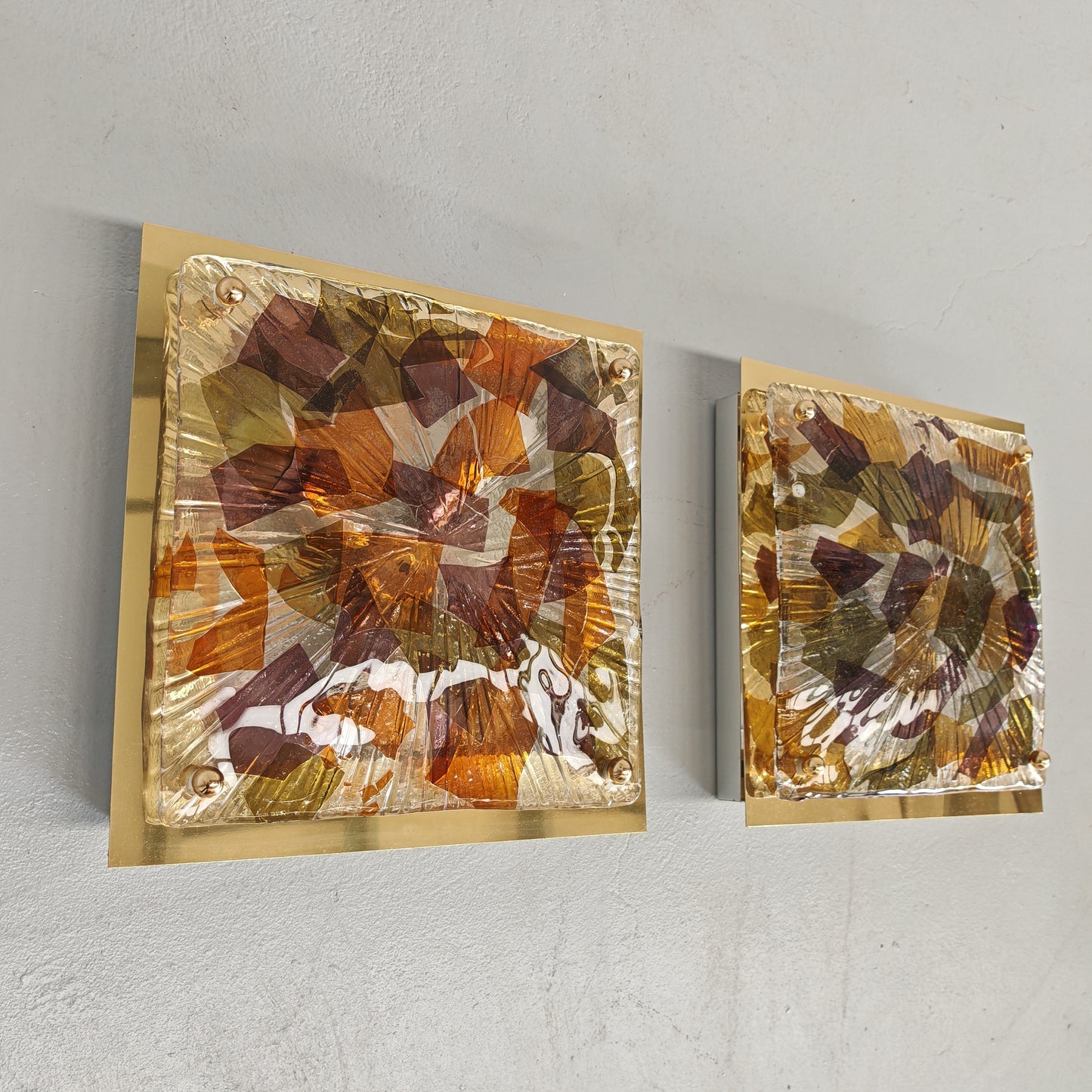 Coppia Applique quadrate in vetro multicolore di Murano La Murrina vintage anni 70