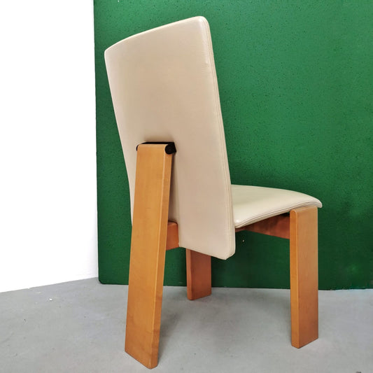 Set di 6 sedie anni 70 / 80 in pelle beige e legno chiaro