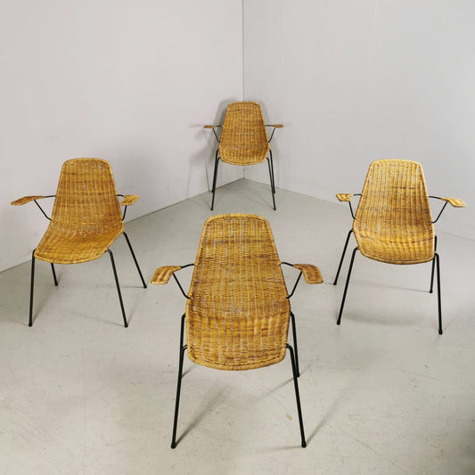 set di 4 seide da pranzo in paglia o midollino vintage italiane designer Campo e Graffi 1960's