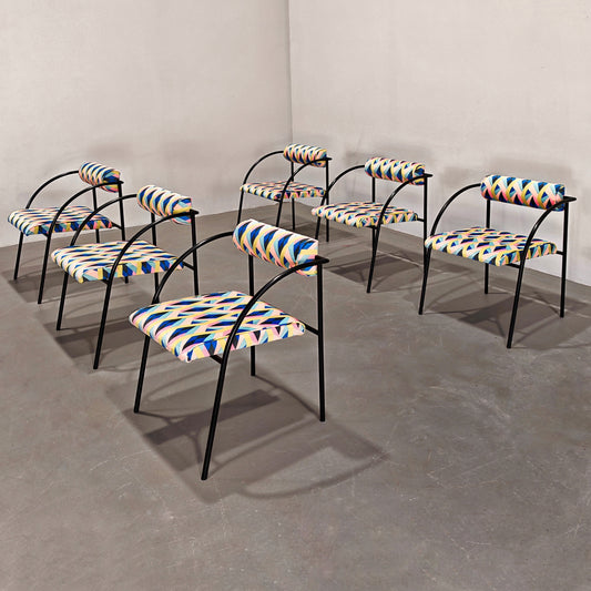 Set di 6 sedie anni 80 ferro e velluto optical Vienna R. Kinsman per Bieffeplast