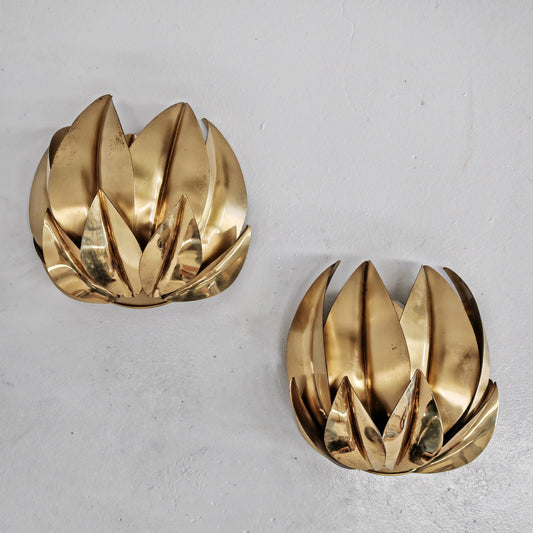 Coppia lampade da muro in foglie di ottone vintage anni 70 (attrbuite Maison Jansen)