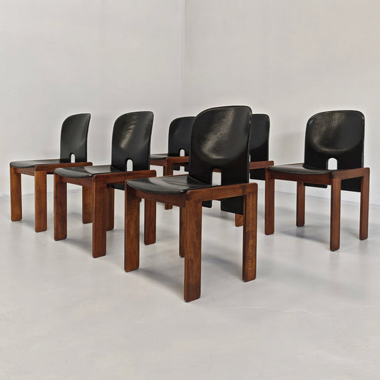 Set di 6 sedie in cuoio e legno di noce modello 121, Afra e Tobia Scarpa per Cassina anni 60