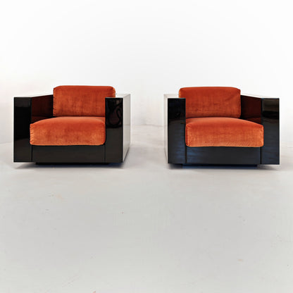 Paire de fauteuils Saratoga laqués noirs en velours couleur brique rouille, années 70, dessinés par Vignelli pour Poltronova