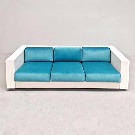 Divano in velluto azzurro Saratoga, Lella e Massimo Vignelli per Poltronova anni 60