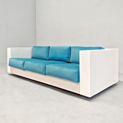 Divano in velluto azzurro Saratoga, Lella e Massimo Vignelli per Poltronova anni 60