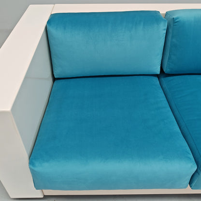 Divano in velluto azzurro Saratoga, Lella e Massimo Vignelli per Poltronova anni 60