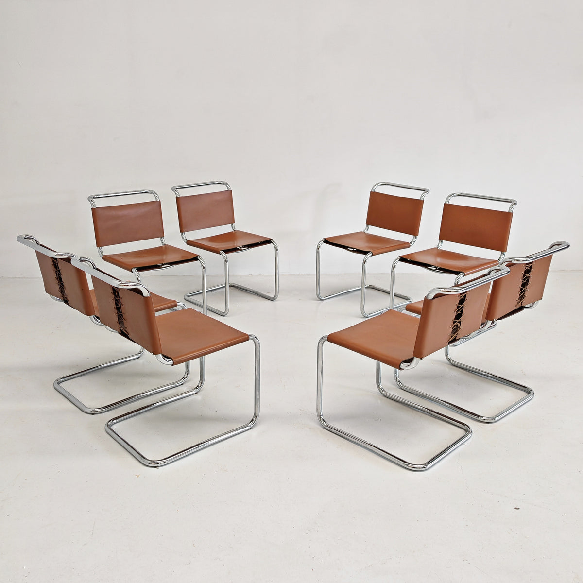8 Sedie in cuoio e tubolare modello Spoleto Knoll International anni 70