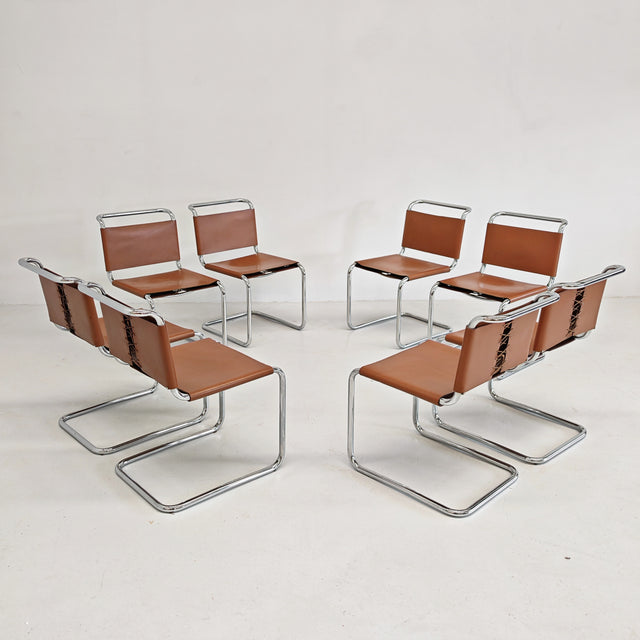 8 chaises en cuir et structure tubulaire modèle Spoleto Knoll International années 70