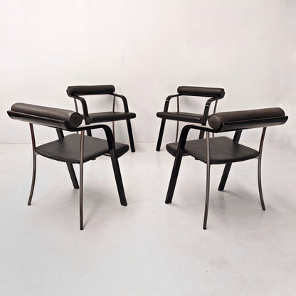 4 chaises fauteuils noires avec accoudoirs, vintage des années 80