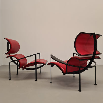 Paire de fauteuils en fer et cuir des années 80, modèle Signora Chan de Carlo Forcolini pour Alias (1986)