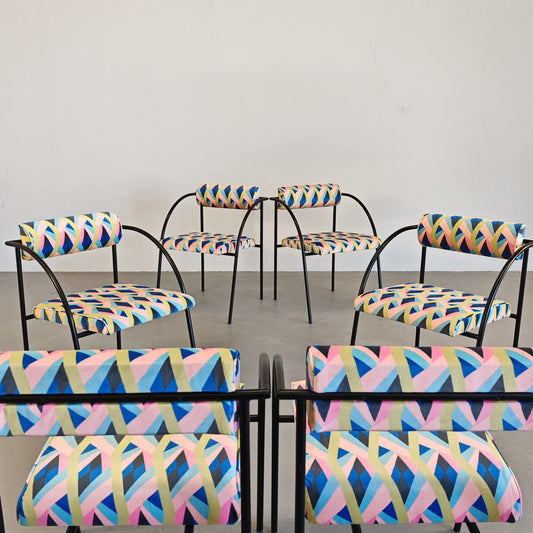 Set di 6 sedie anni 80 ferro e velluto optical Vienna R. Kinsman per Bieffeplast