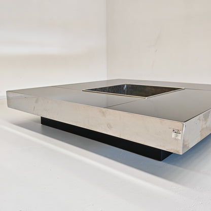 Grande table basse de bar Coffee Tabòlle avec compartiment des années 70 en acier et verre par G. Ausenda pour New York Form