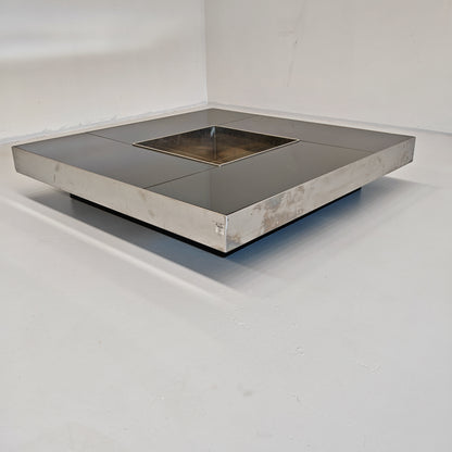 Grande table basse de bar Coffee Tabòlle avec compartiment des années 70 en acier et verre par G. Ausenda pour New York Form