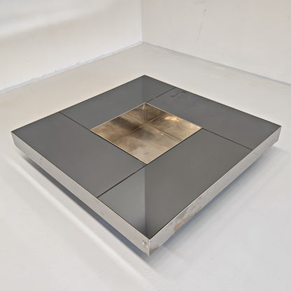 Grande table basse de bar Coffee Tabòlle avec compartiment des années 70 en acier et verre par G. Ausenda pour New York Form