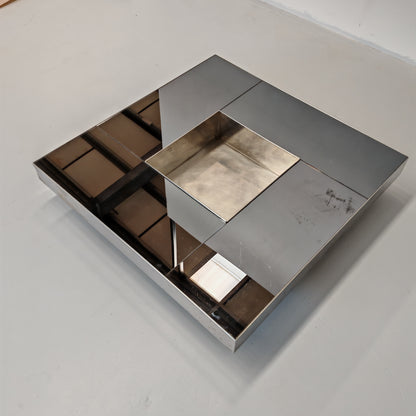 Grande table basse de bar Coffee Tabòlle avec compartiment des années 70 en acier et verre par G. Ausenda pour New York Form