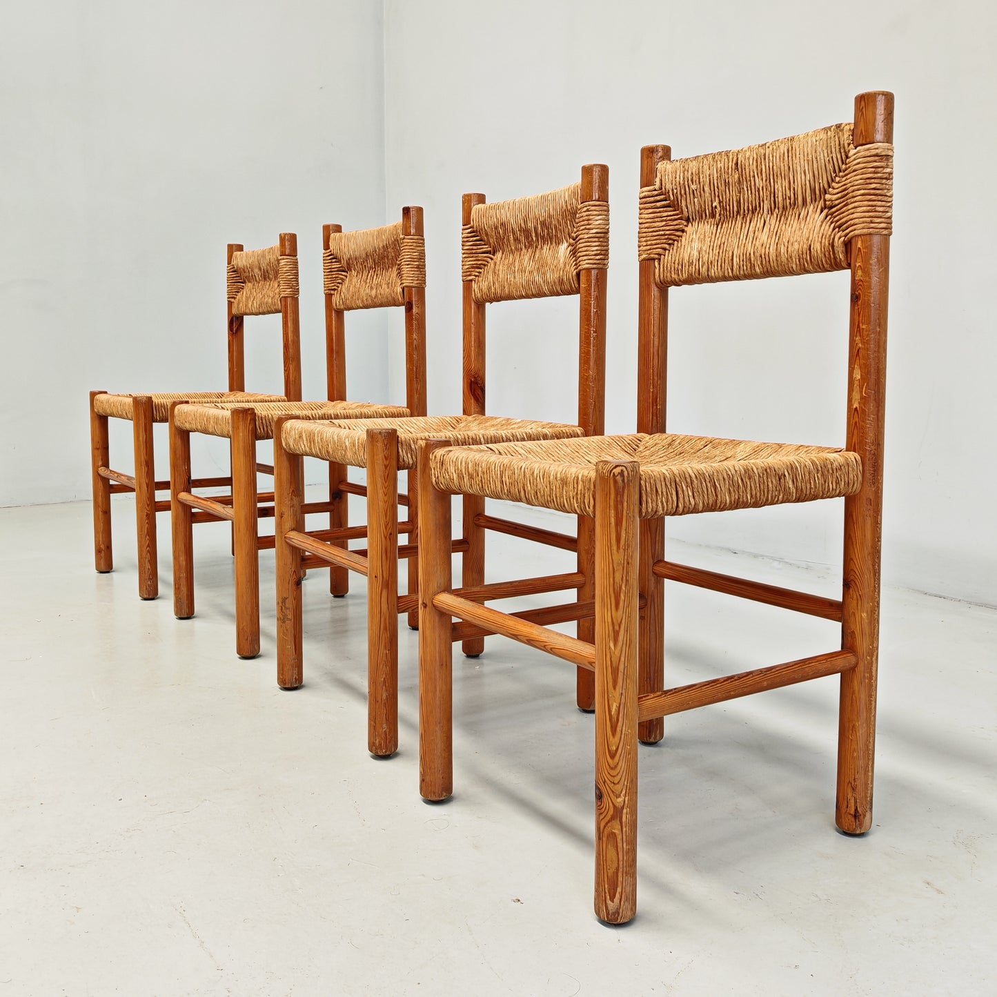 4 Sedie design in Legno abete e corda  Raffaello Biagetti anni 70 (stile Perriand)