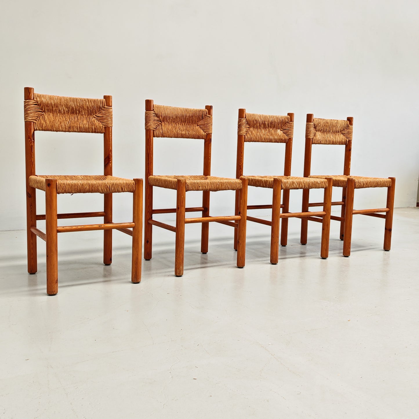 4 Sedie design in Legno abete e corda  Raffaello Biagetti anni 70 (stile Perriand)