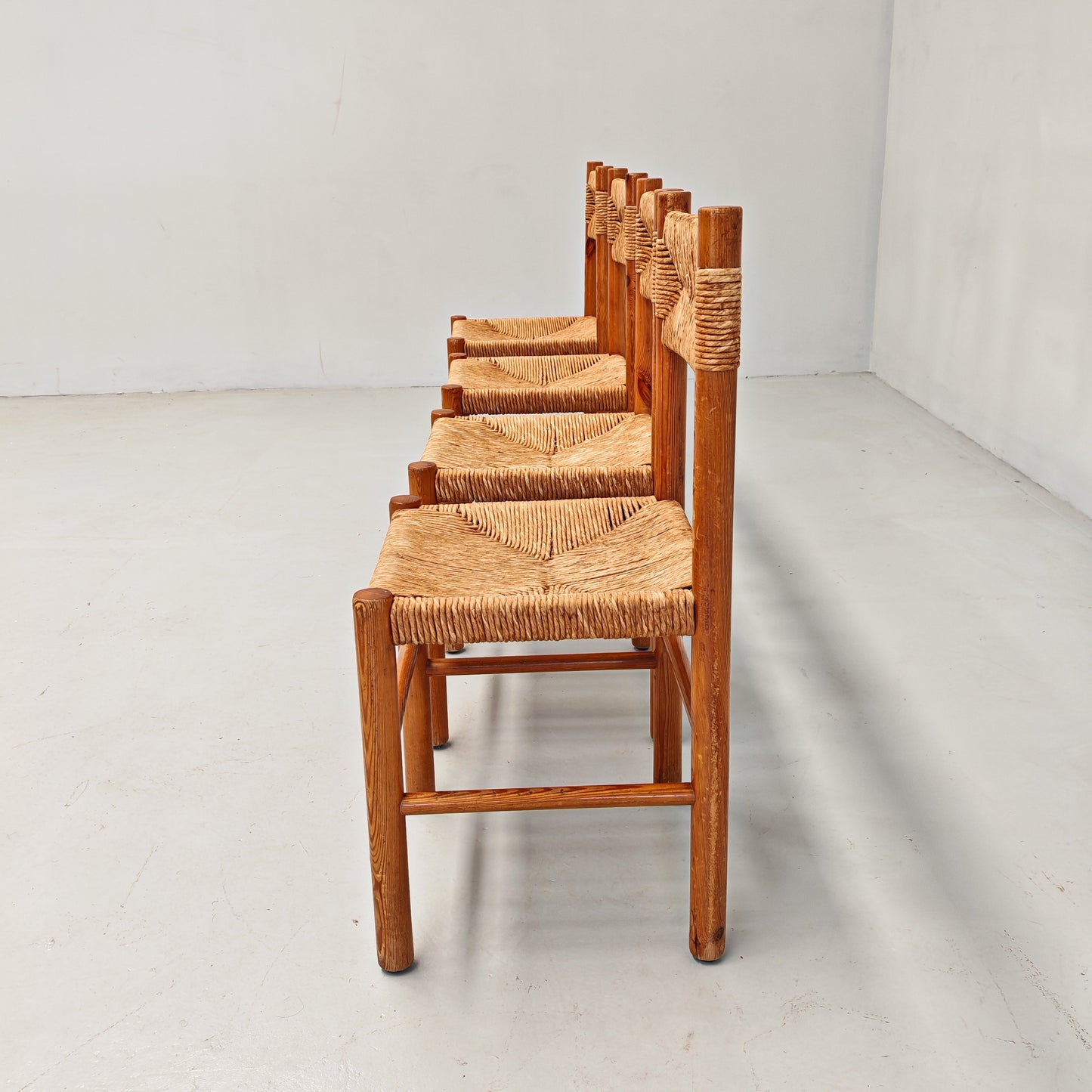 4 Sedie design in Legno abete e corda  Raffaello Biagetti anni 70 (stile Perriand)