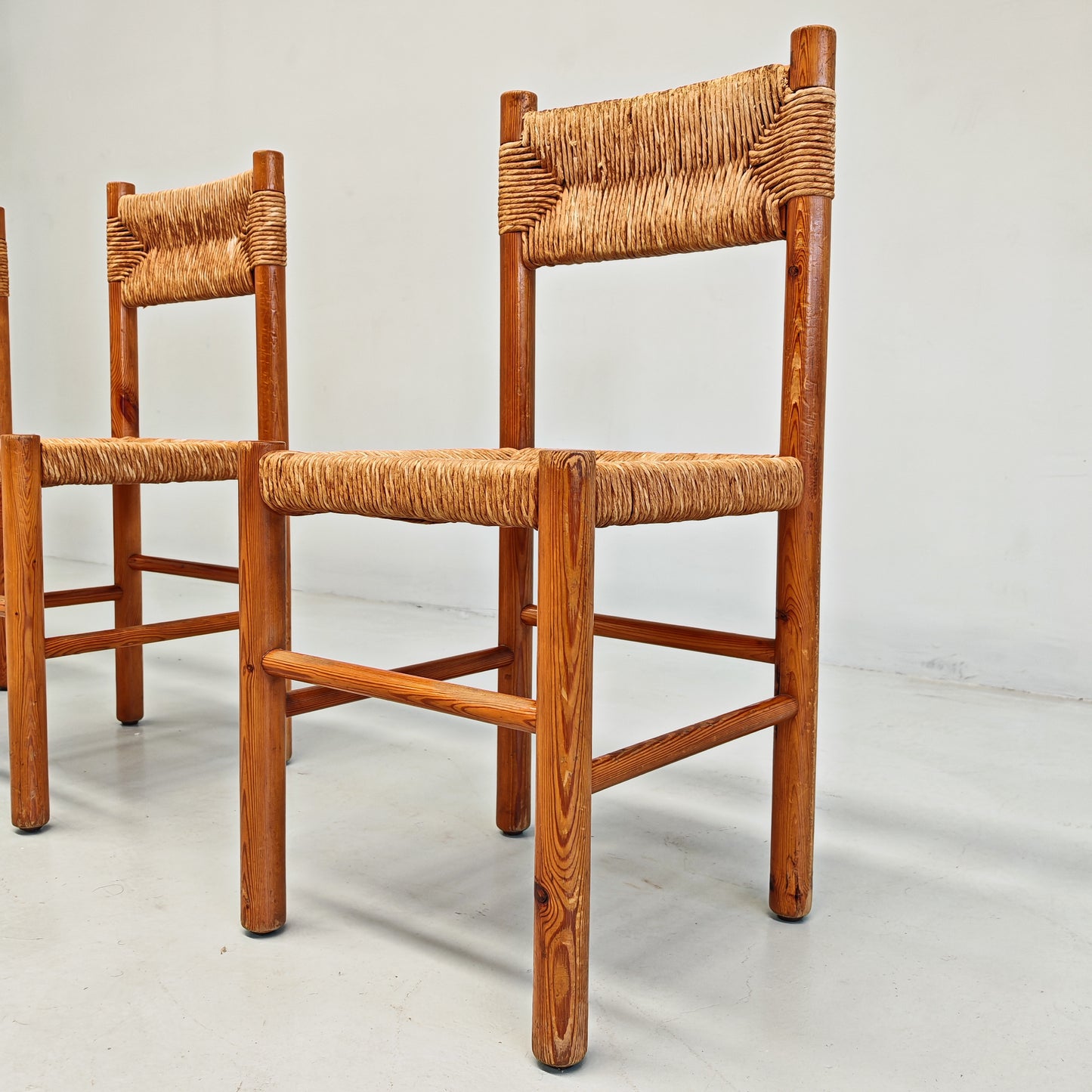4 Sedie design in Legno abete e corda  Raffaello Biagetti anni 70 (stile Perriand)