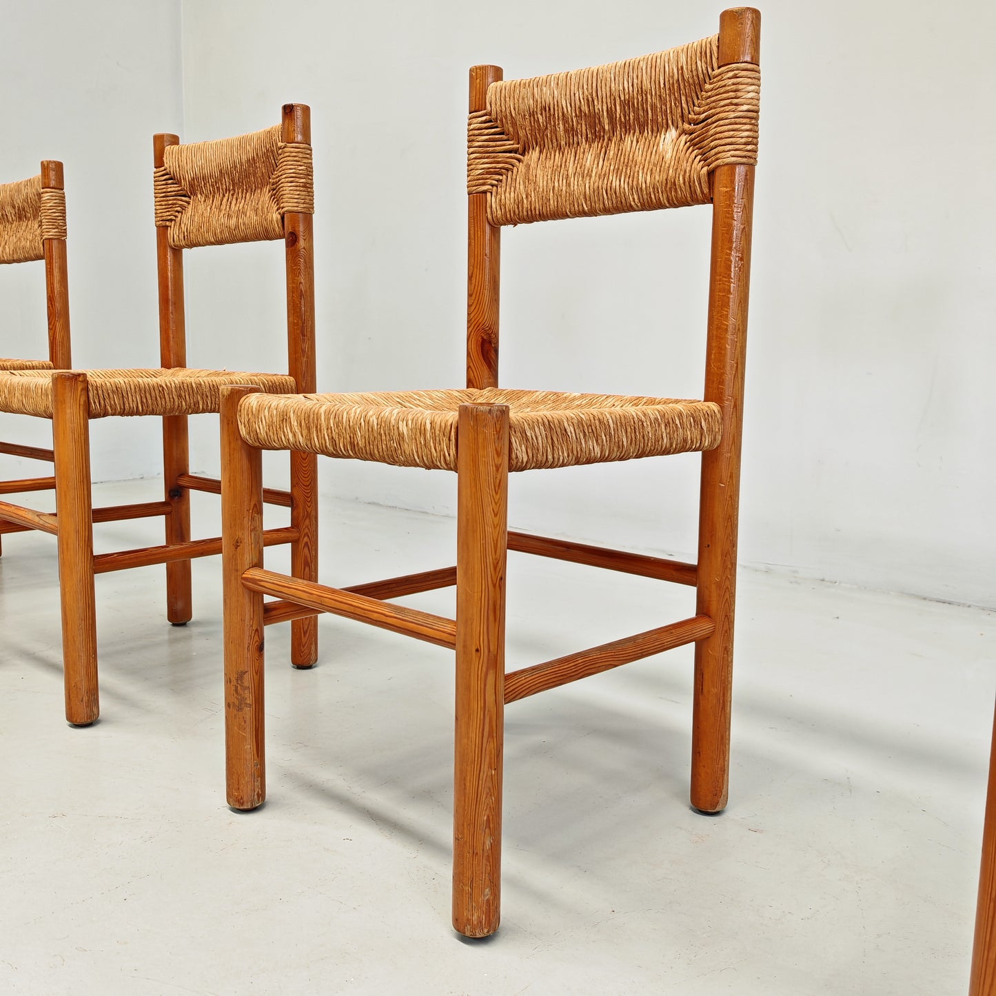 4 Sedie design in Legno abete e corda  Raffaello Biagetti anni 70 (stile Perriand)