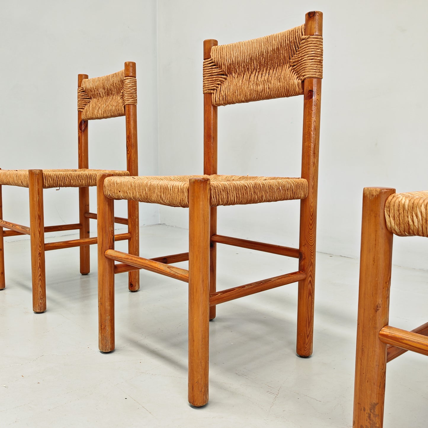 4 Sedie design in Legno abete e corda  Raffaello Biagetti anni 70 (stile Perriand)
