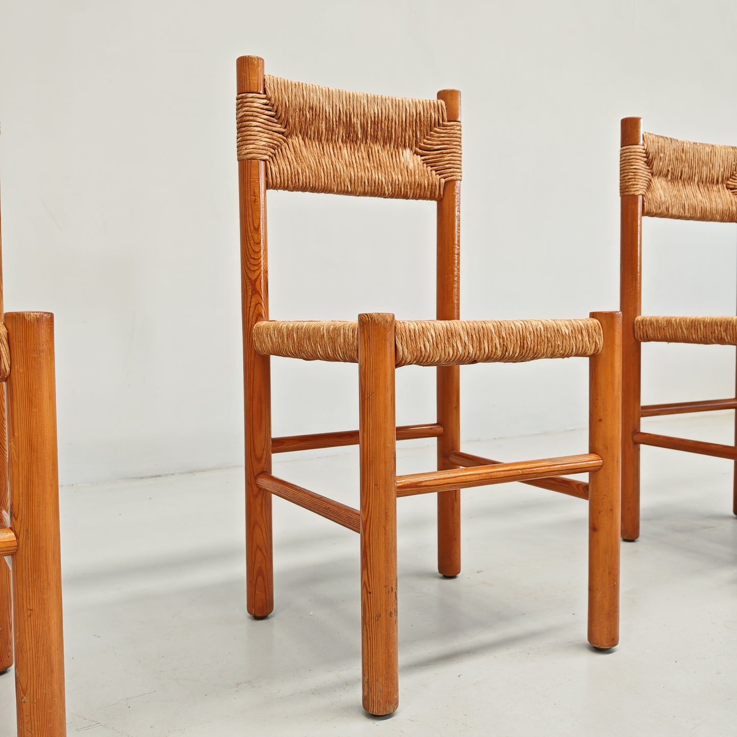 4 Sedie design in Legno abete e corda  Raffaello Biagetti anni 70 (stile Perriand)
