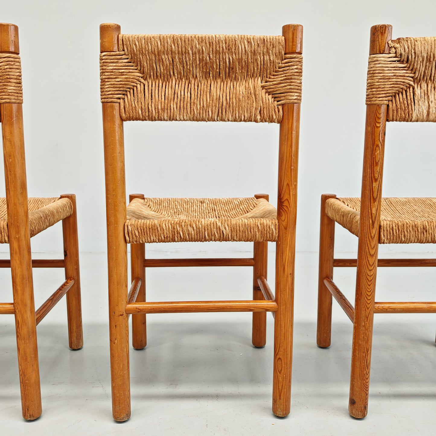 4 Sedie design in Legno abete e corda  Raffaello Biagetti anni 70 (stile Perriand)