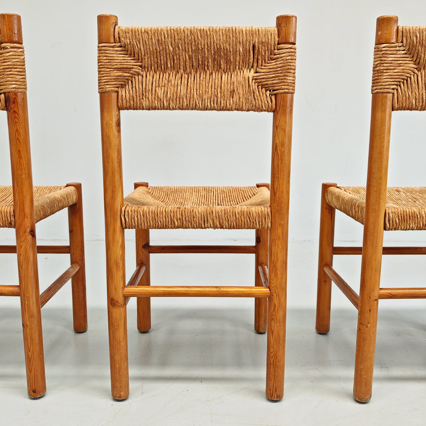 4 Sedie design in Legno abete e corda  Raffaello Biagetti anni 70 (stile Perriand)