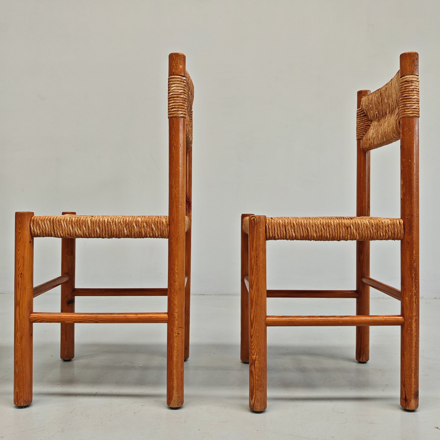 4 Sedie design in Legno abete e corda  Raffaello Biagetti anni 70 (stile Perriand)