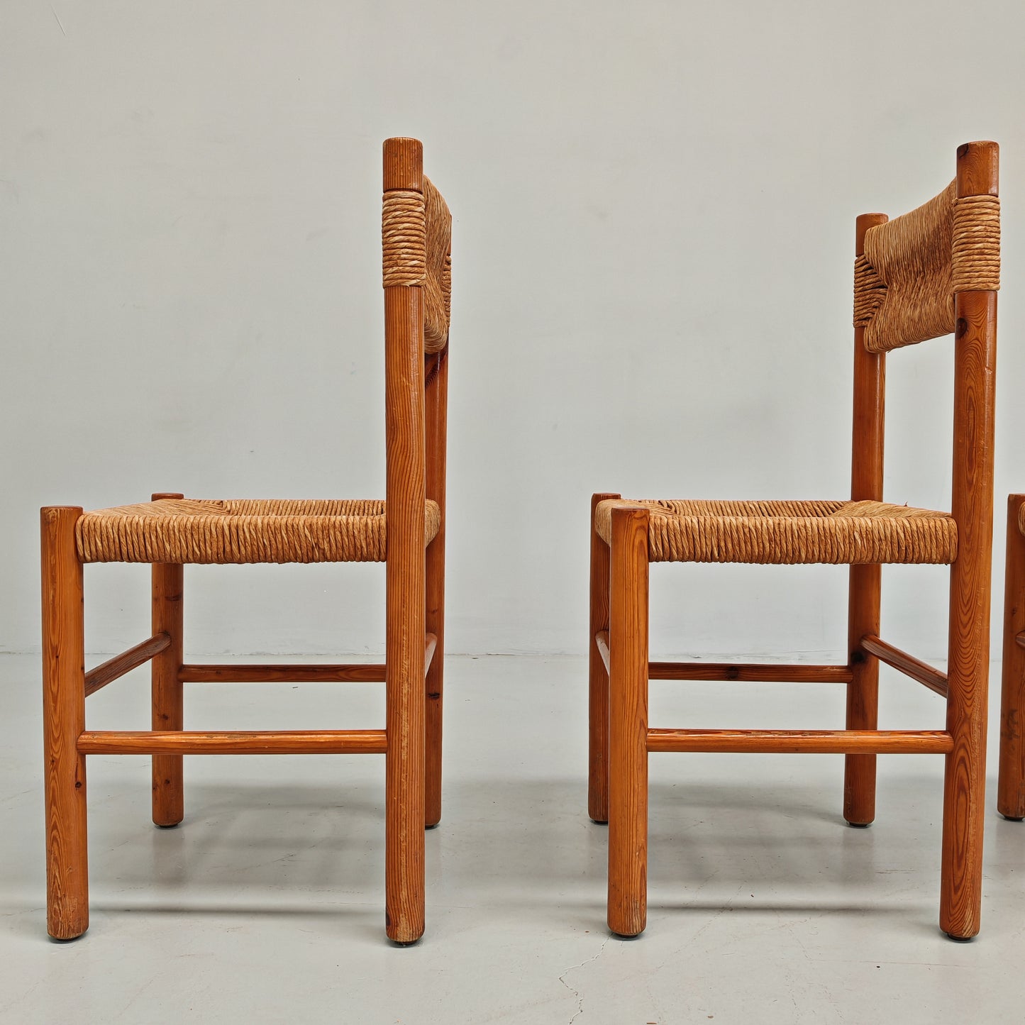 4 Sedie design in Legno abete e corda  Raffaello Biagetti anni 70 (stile Perriand)