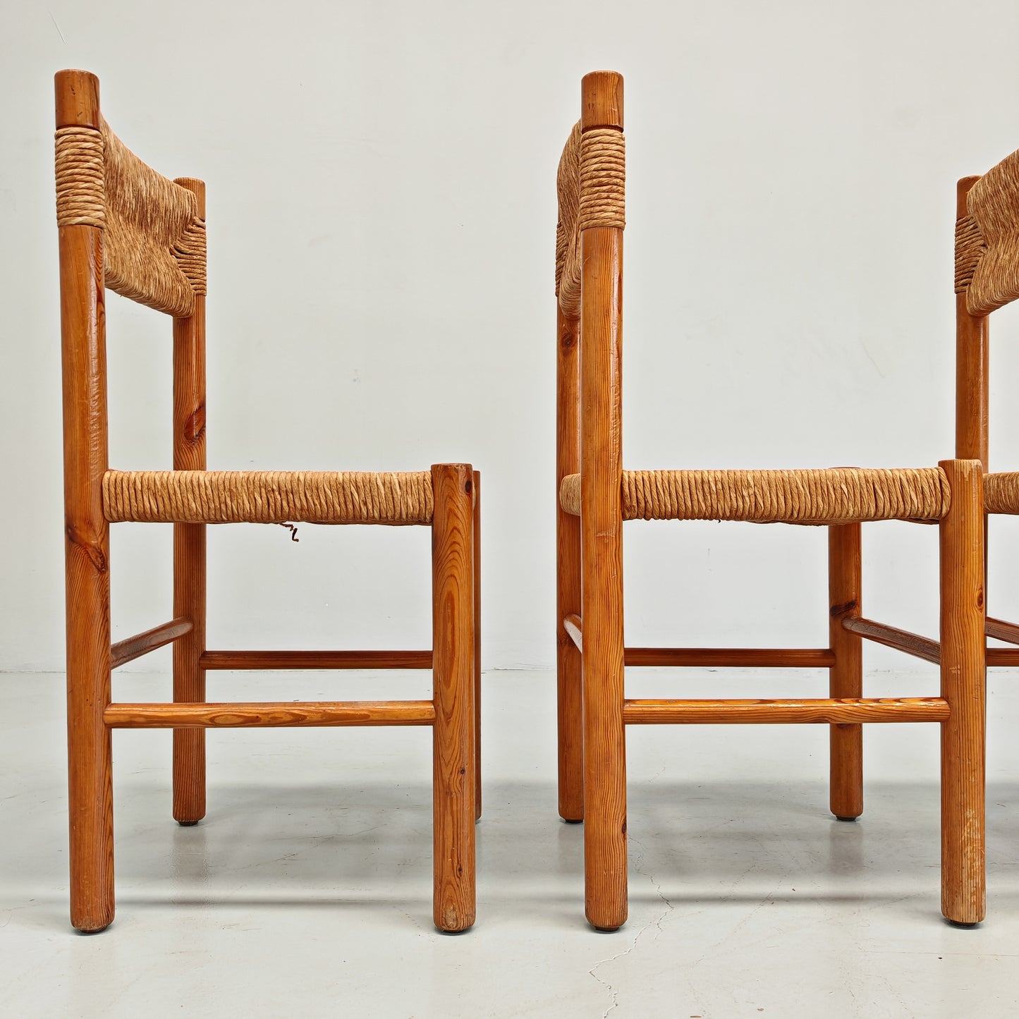 4 Sedie design in Legno abete e corda  Raffaello Biagetti anni 70 (stile Perriand)