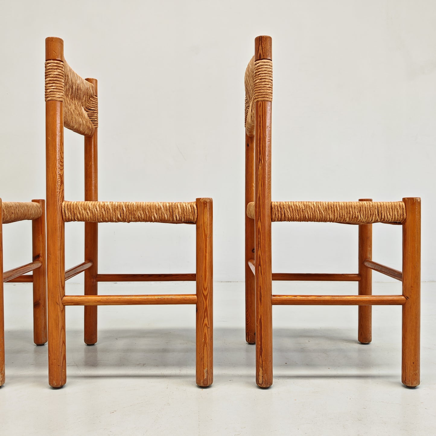 4 Sedie design in Legno abete e corda  Raffaello Biagetti anni 70 (stile Perriand)