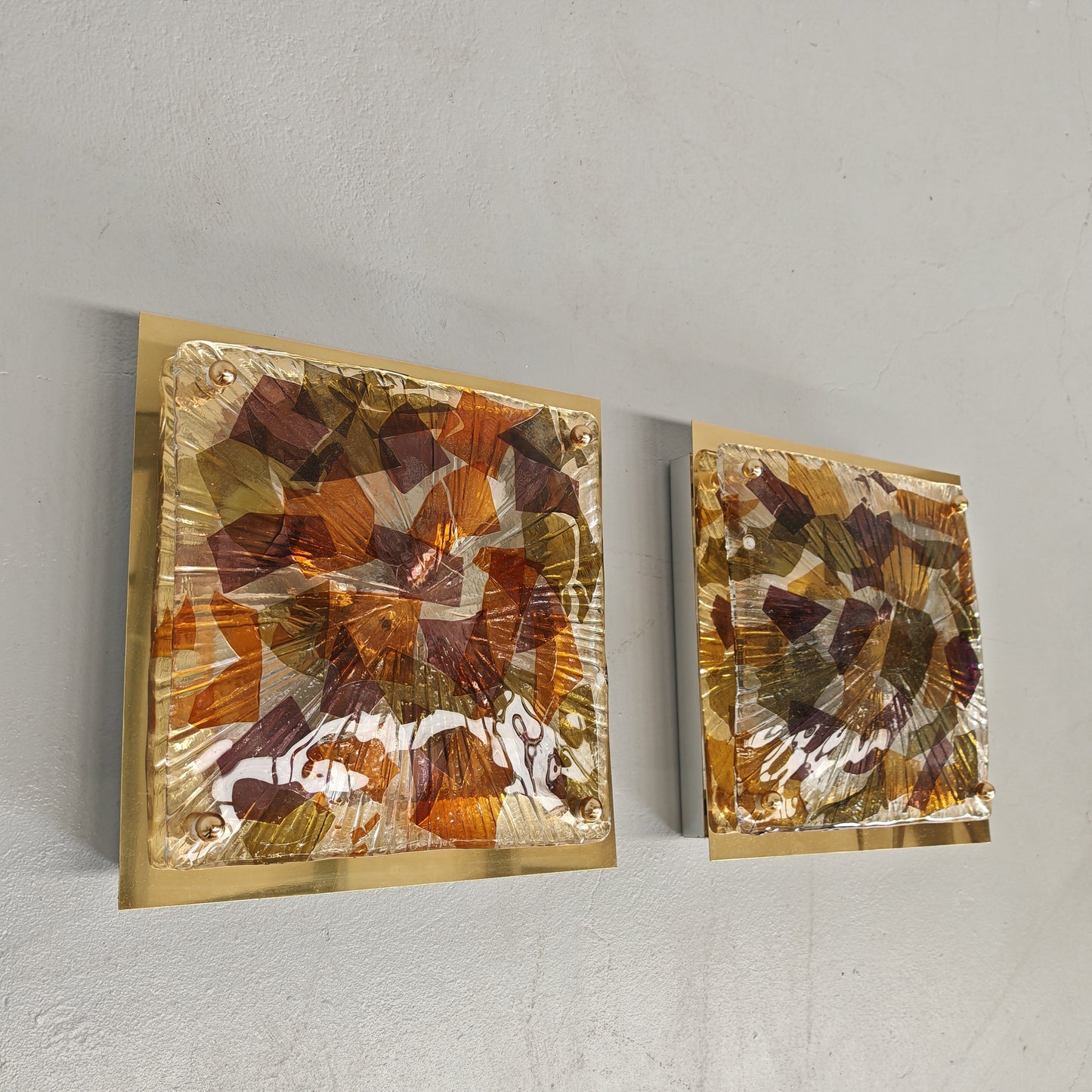 Coppia Applique quadrate in vetro multicolore di Murano La Murrina vintage anni 70