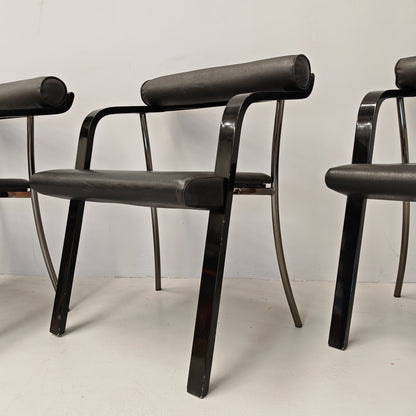 4 chaises fauteuils noires avec accoudoirs, vintage des années 80