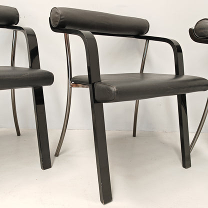 4 chaises fauteuils noires avec accoudoirs, vintage des années 80