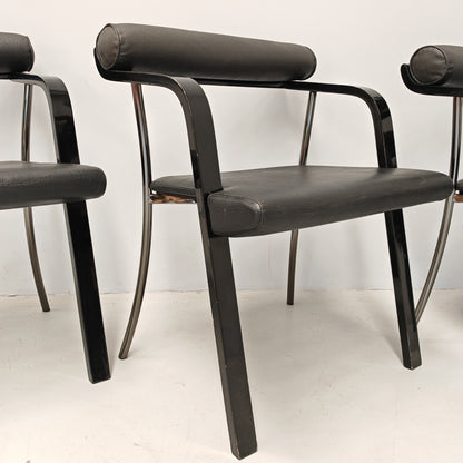 4 chaises fauteuils noires avec accoudoirs, vintage des années 80