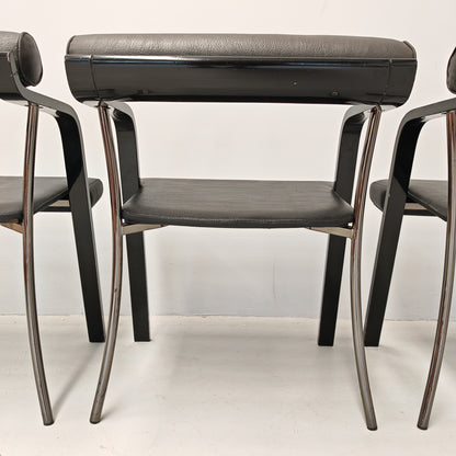 4 chaises fauteuils noires avec accoudoirs, vintage des années 80