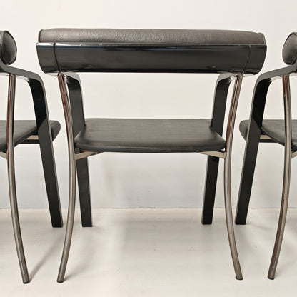 4 chaises fauteuils noires avec accoudoirs, vintage des années 80
