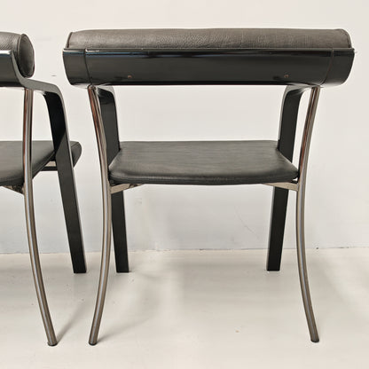 4 chaises fauteuils noires avec accoudoirs, vintage des années 80
