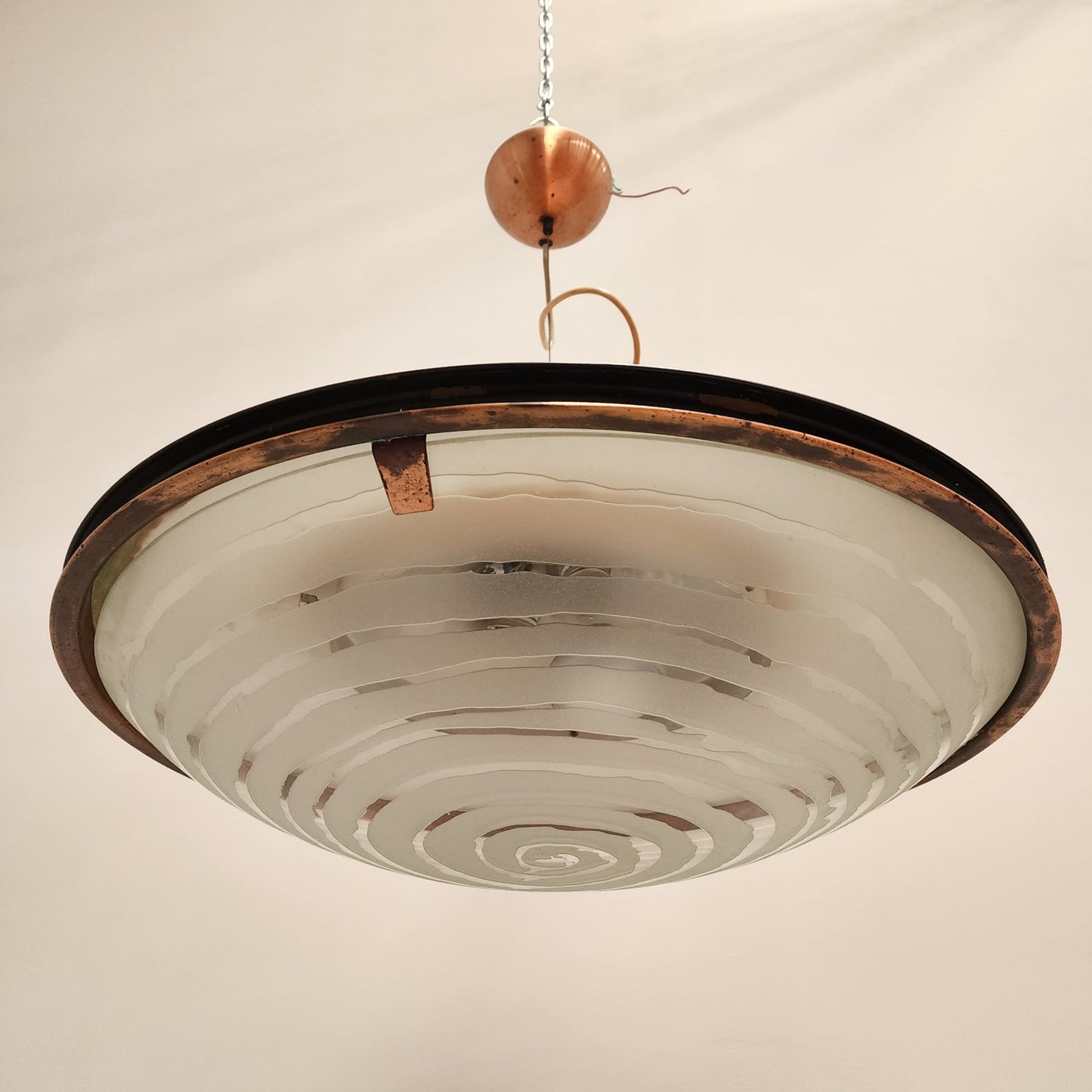 Lampadario UFO in Rame e vetro decorato vintage anni 50 60