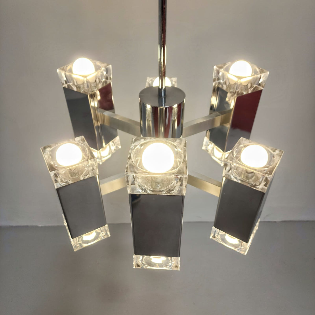 Lustre à 6 lumières de style Sciolari, vintage des années 70