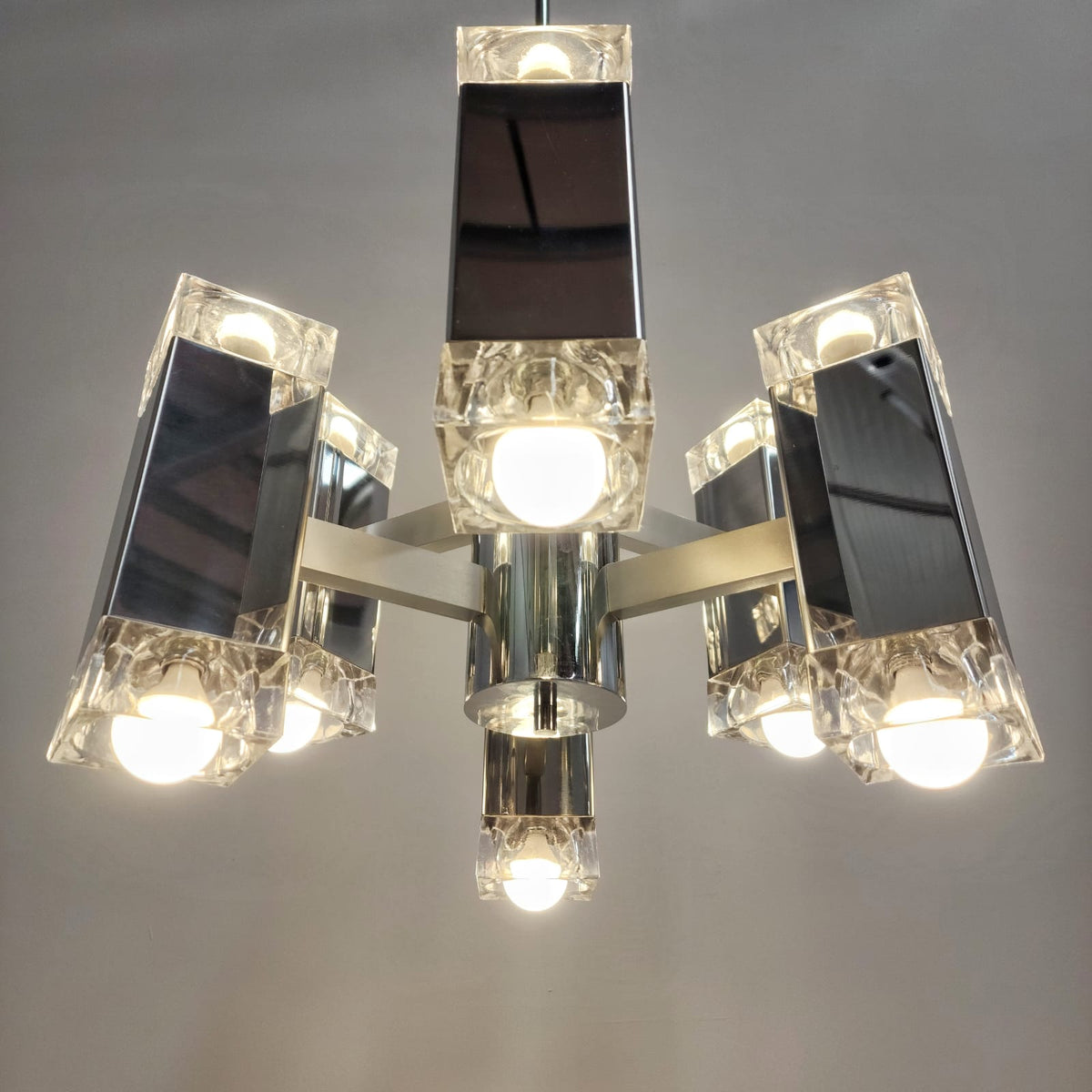 Lustre à 6 lumières de style Sciolari, vintage des années 70