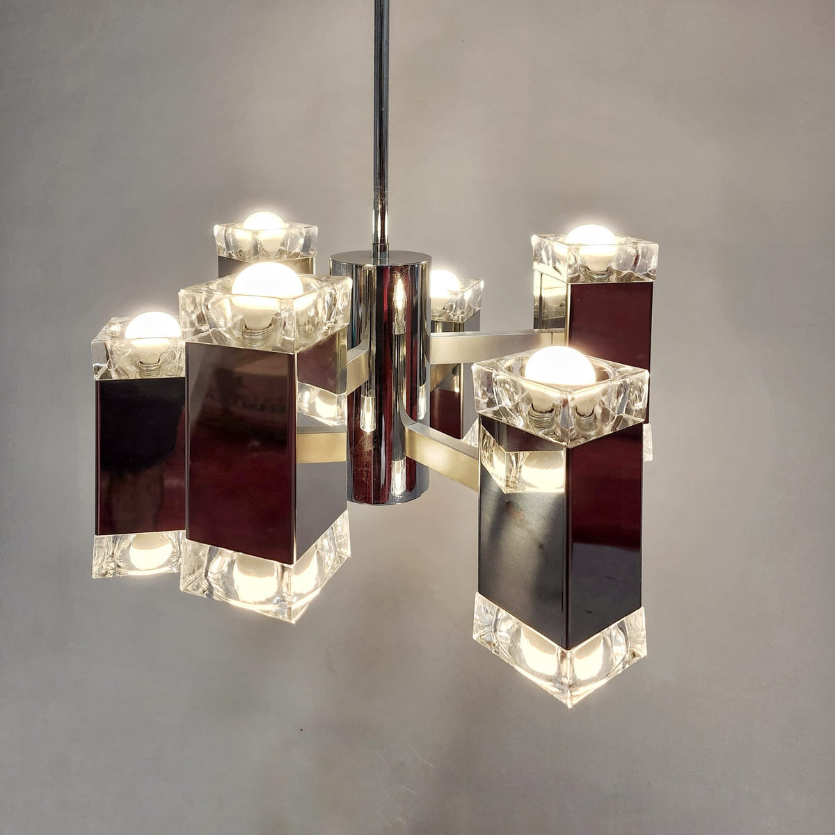 Lustre à 6 lumières de style Sciolari, vintage des années 70