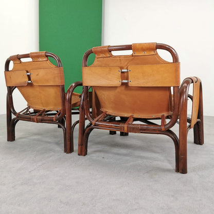 Paire de fauteuils en cuir et bambou Tito Agnoli pour Bonacina, années 1970