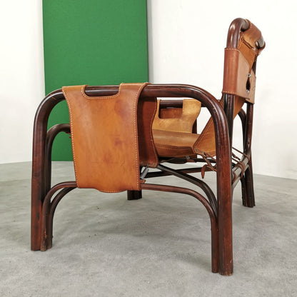 Paire de fauteuils en cuir et bambou Tito Agnoli pour Bonacina, années 1970