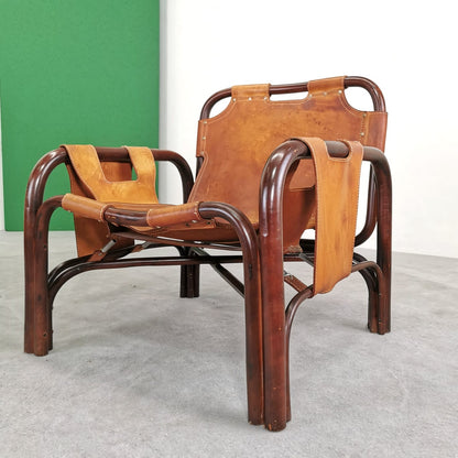 Paire de fauteuils en cuir et bambou Tito Agnoli pour Bonacina, années 1970