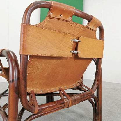 Paire de fauteuils en cuir et bambou Tito Agnoli pour Bonacina, années 1970