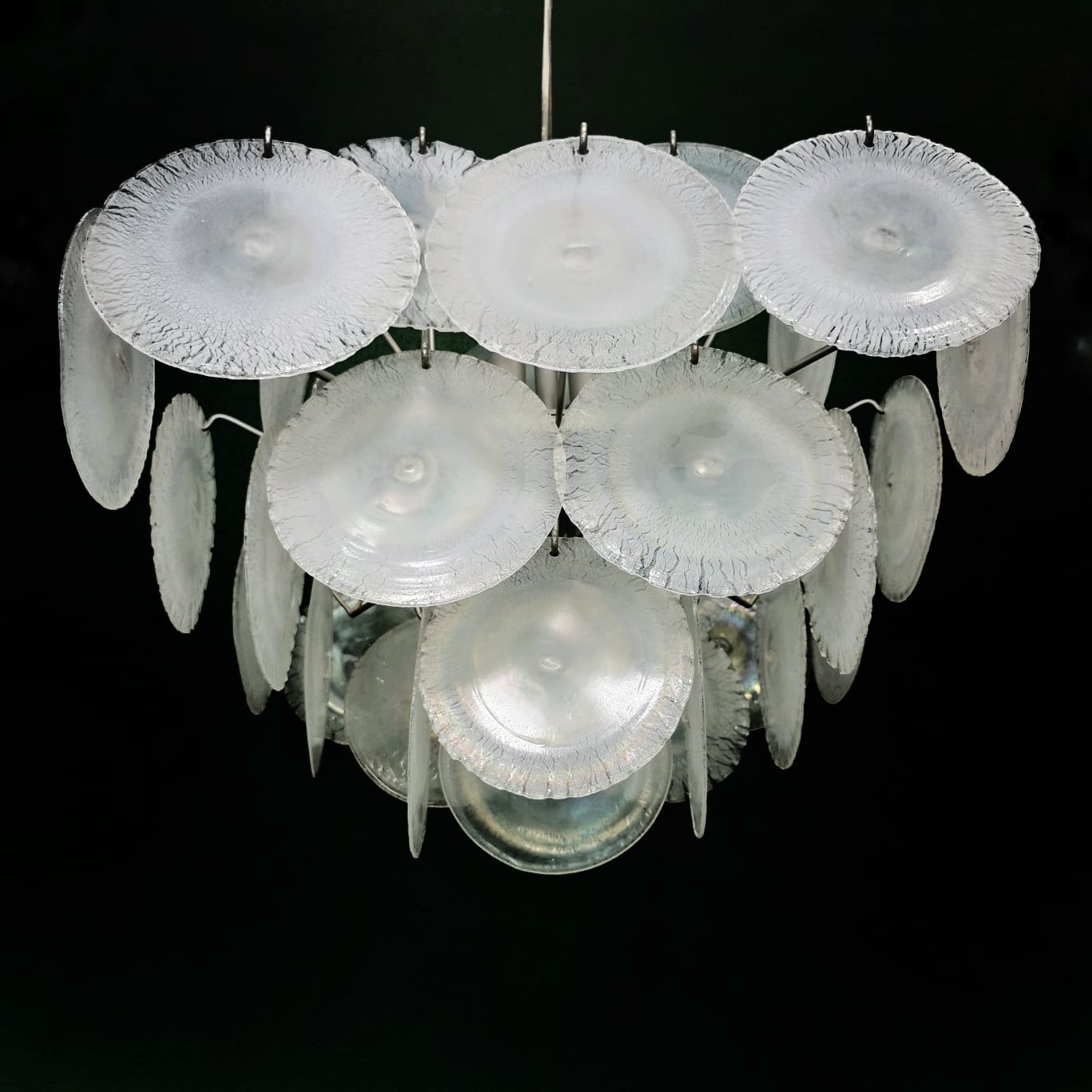 Lampadario Murano / Vistosi in dischi di vetro alabastro iridescente anni 70