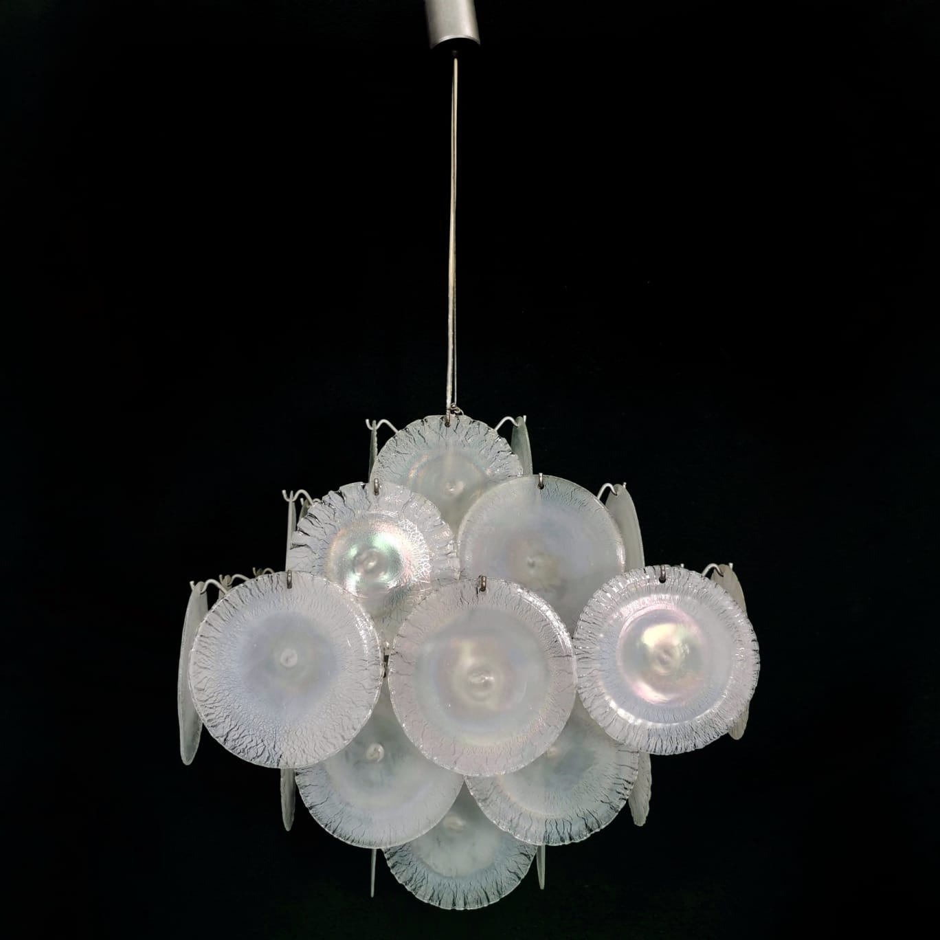 Lampadario Murano / Vistosi in dischi di vetro alabastro iridescente anni 70