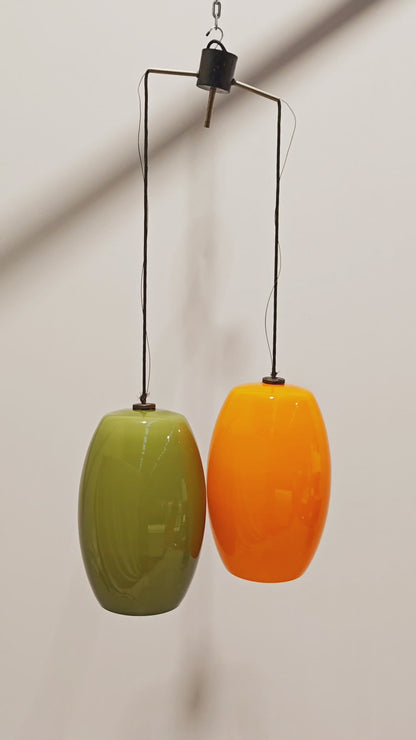 Lustre vintage en verre vert et orange, années 1960 (attr. Vistosi)